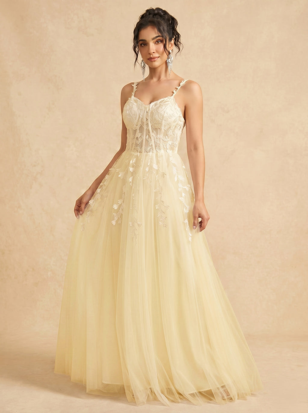 Leaves appliques tulle prom dress
