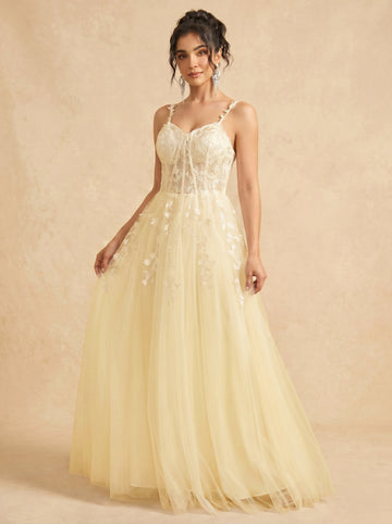 Leaves appliques tulle prom dress