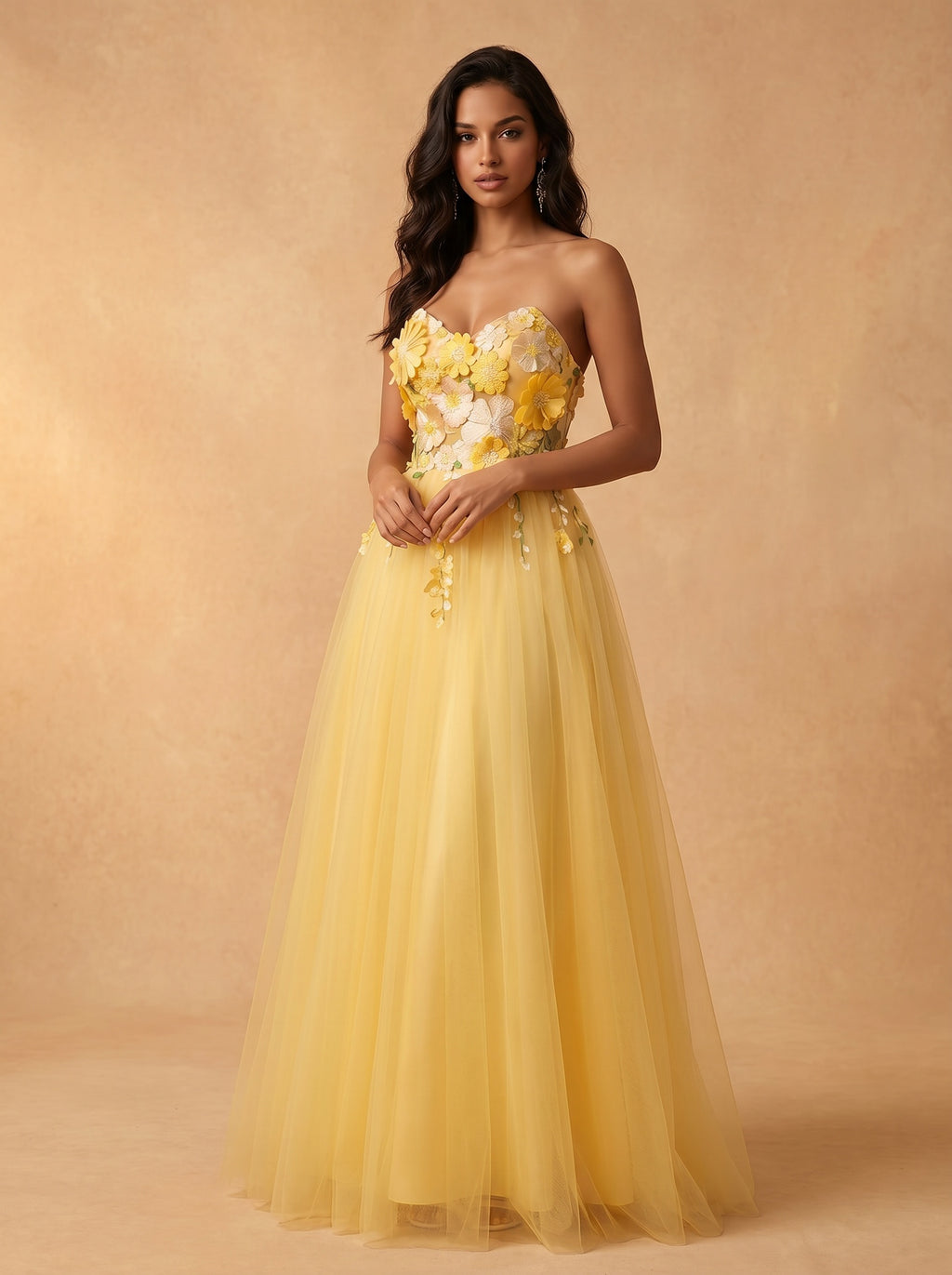Sunflower appliques tulle prom dress