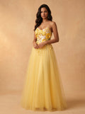 Sunflower appliques tulle prom dress