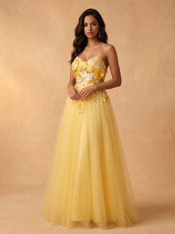 Sunflower appliques tulle prom dress