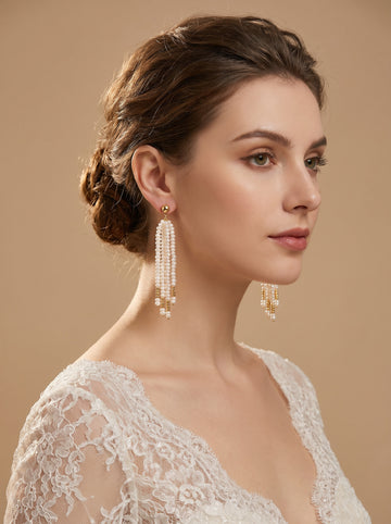 Natural Multi-layered long Pearls Earrings, wedding jewelry for bride/bridesmaid
