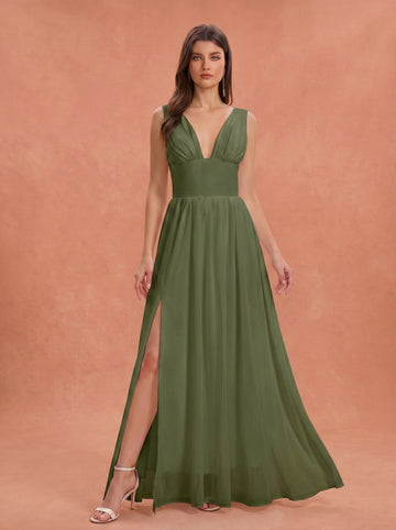 Ruched bust side slit Chiffon bridesmaid dress