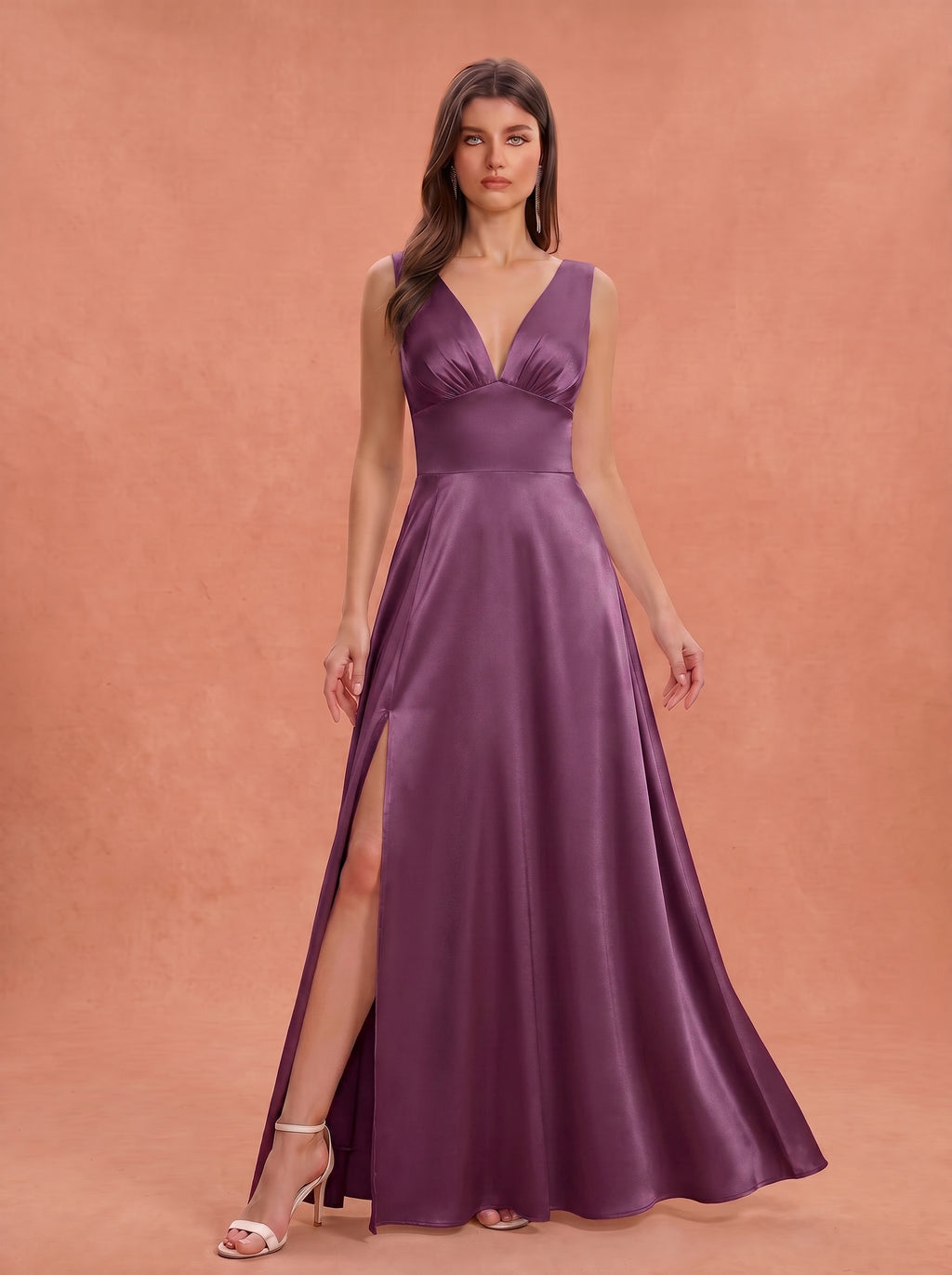 Ruched bust side slit satin bridesmaid / guest dress