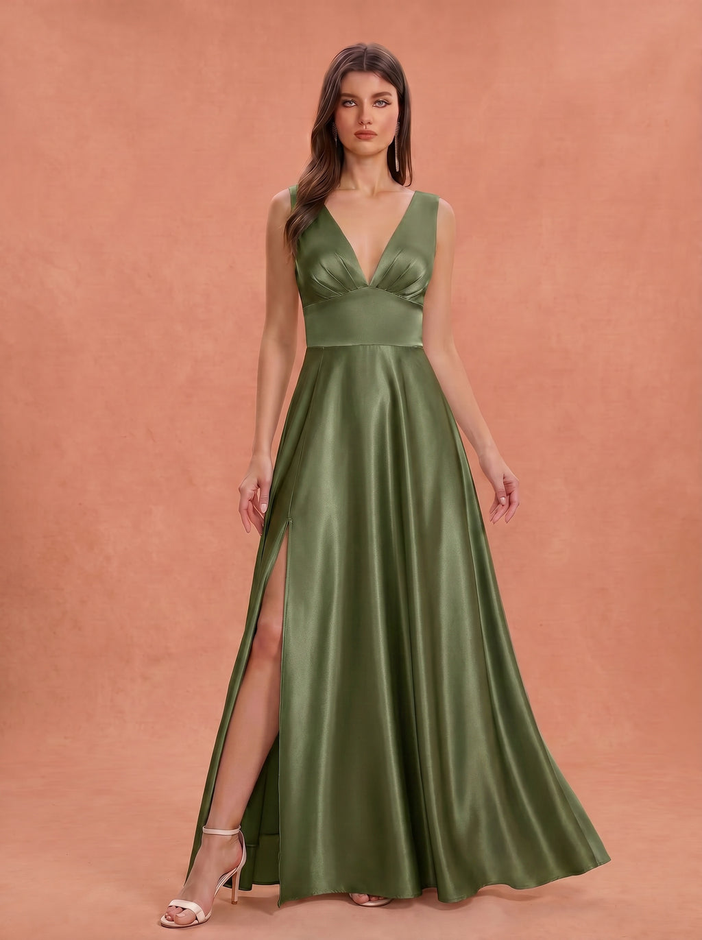 Ruched bust side slit satin bridesmaid / guest dress