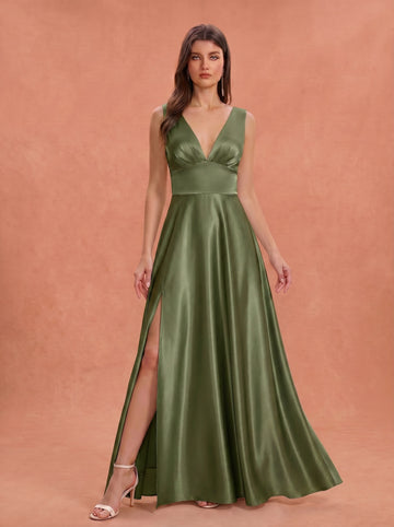 Ruched bust side slit satin bridesmaid / guest dress