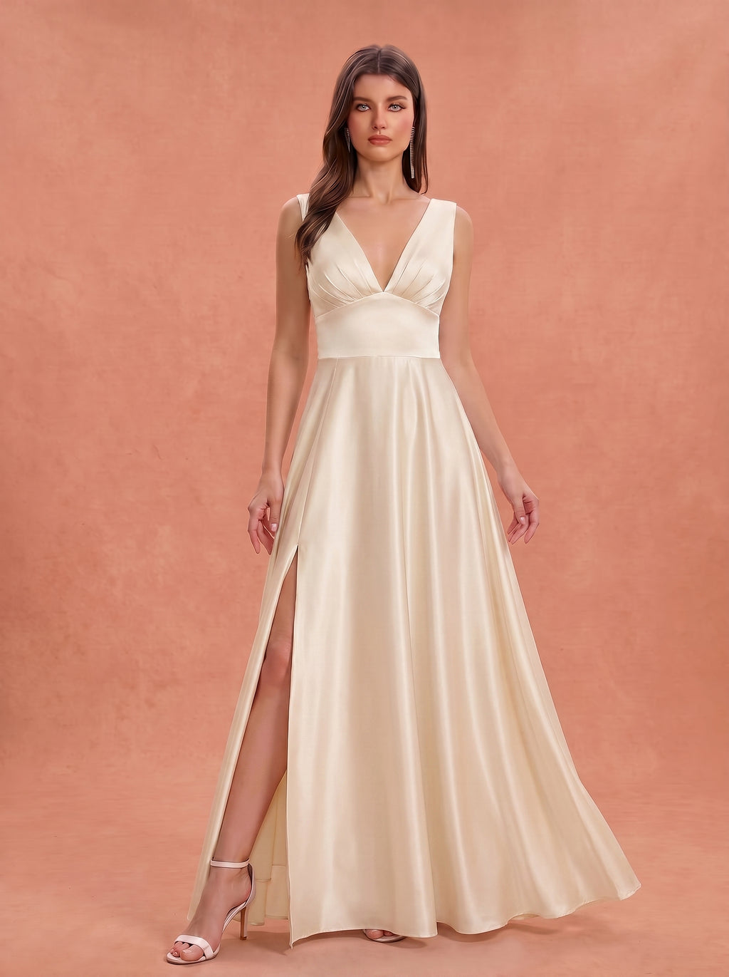 Ruched bust side slit satin bridesmaid / guest dress