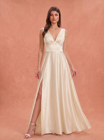 Ruched bust side slit satin bridesmaid / guest dress