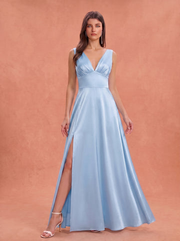 Ruched bust side slit satin bridesmaid / guest dress