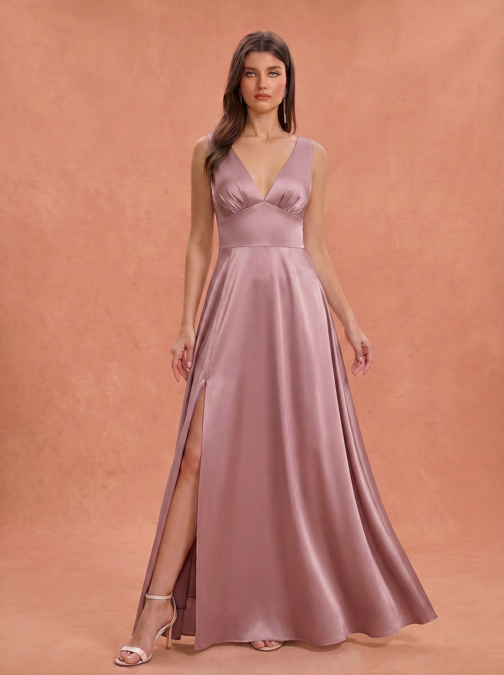 Ruched bust side slit satin bridesmaid / guest dress
