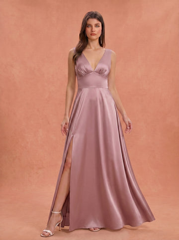 Ruched bust side slit satin bridesmaid / guest dress