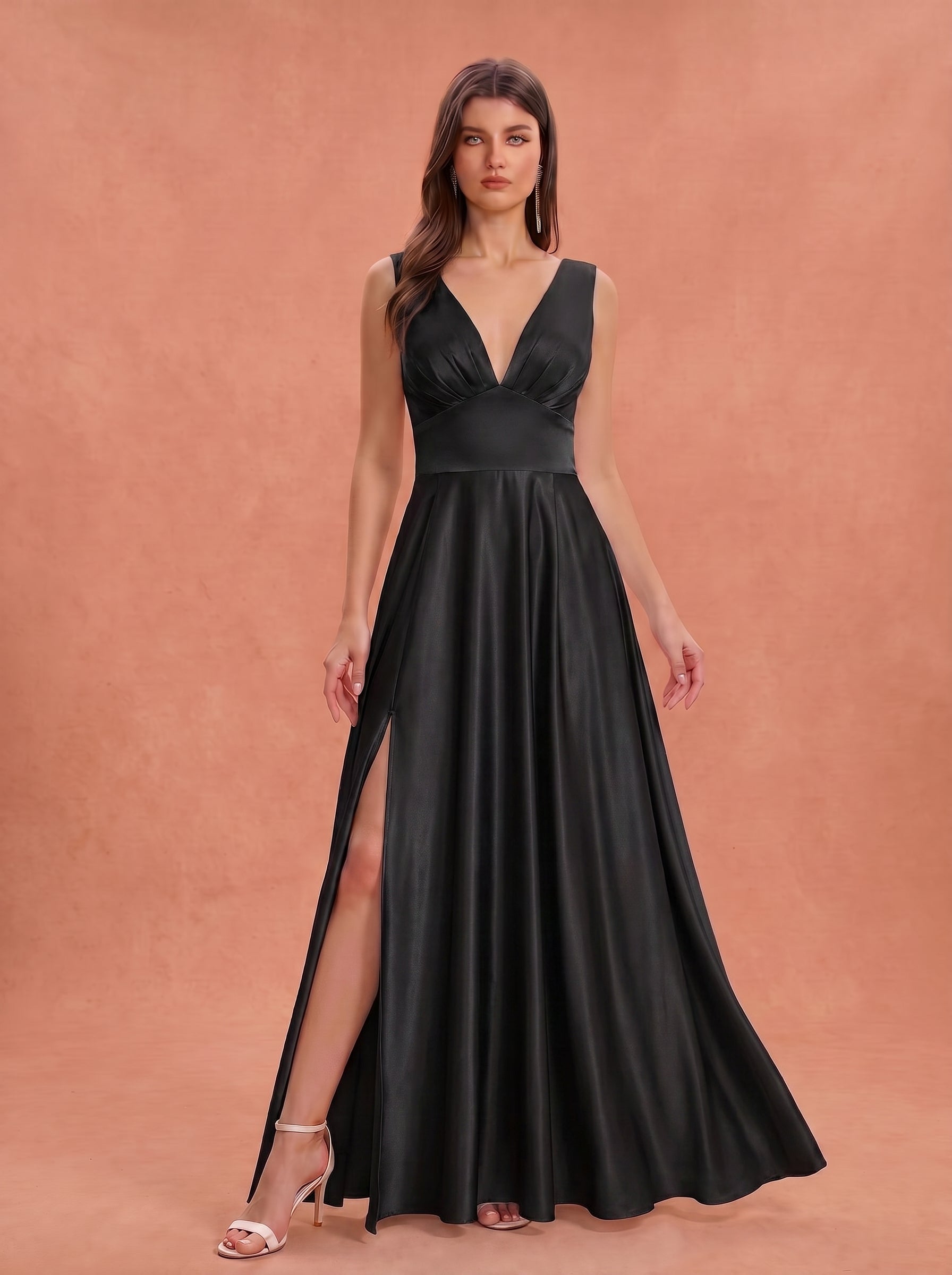 Ruched bust side slit satin bridesmaid / guest dress