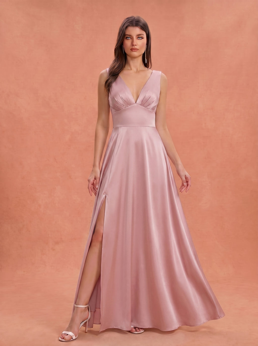 Ruched bust side slit satin bridesmaid / guest dress