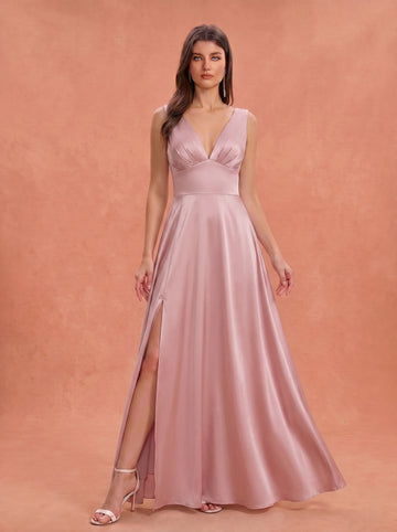 Ruched bust side slit satin bridesmaid / guest dress