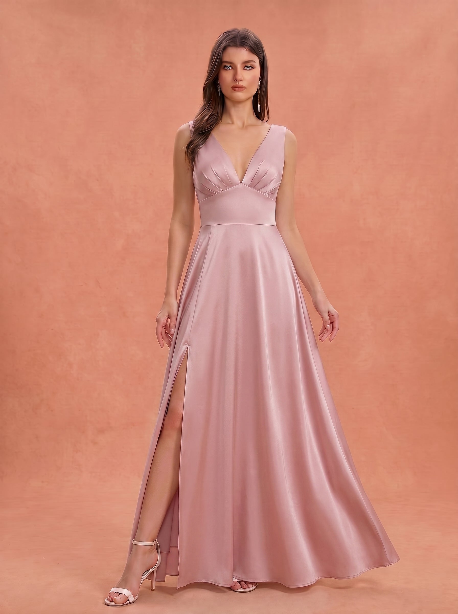 Ruched bust side slit satin bridesmaid / guest dress