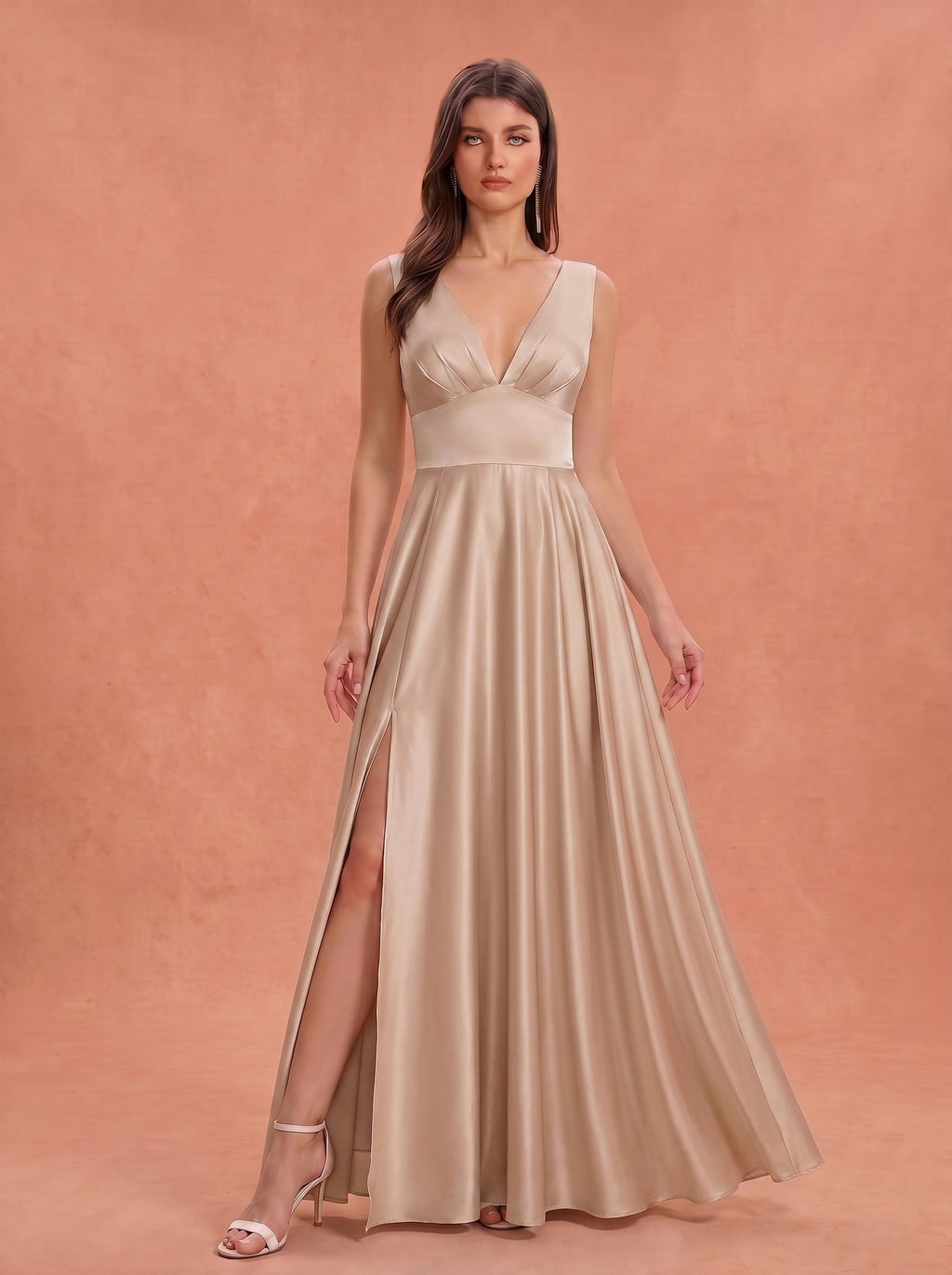 Ruched bust side slit satin bridesmaid / guest dress