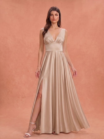 Ruched bust side slit satin bridesmaid / guest dress