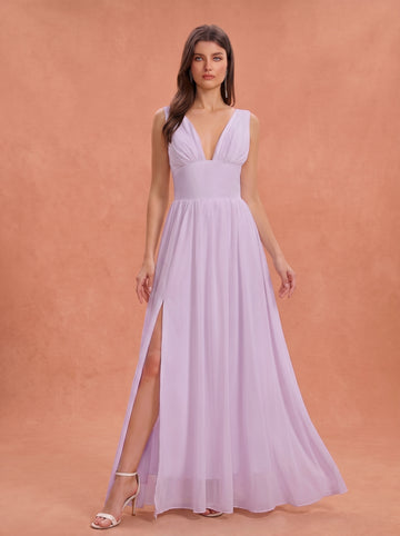 Ruched bust side slit Chiffon bridesmaid dress