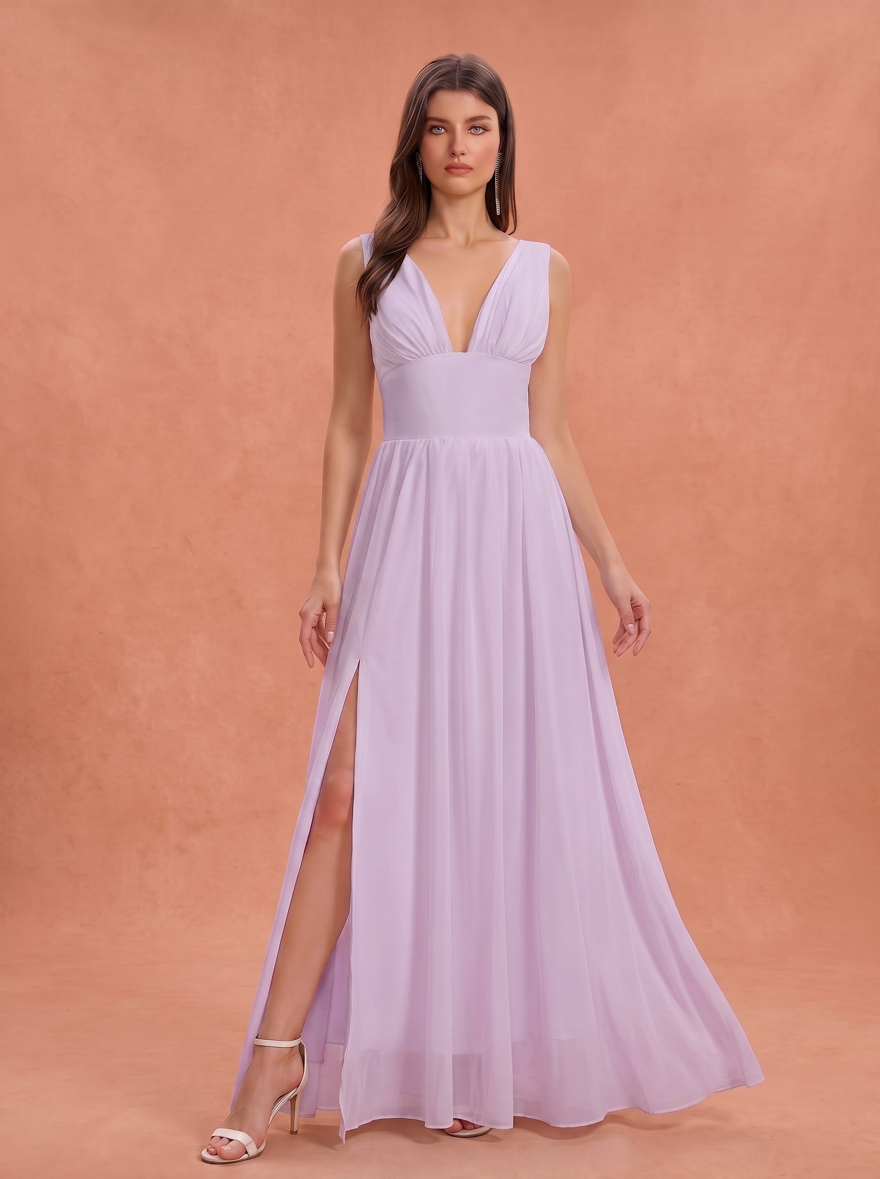 Ruched bust side slit Chiffon bridesmaid dress