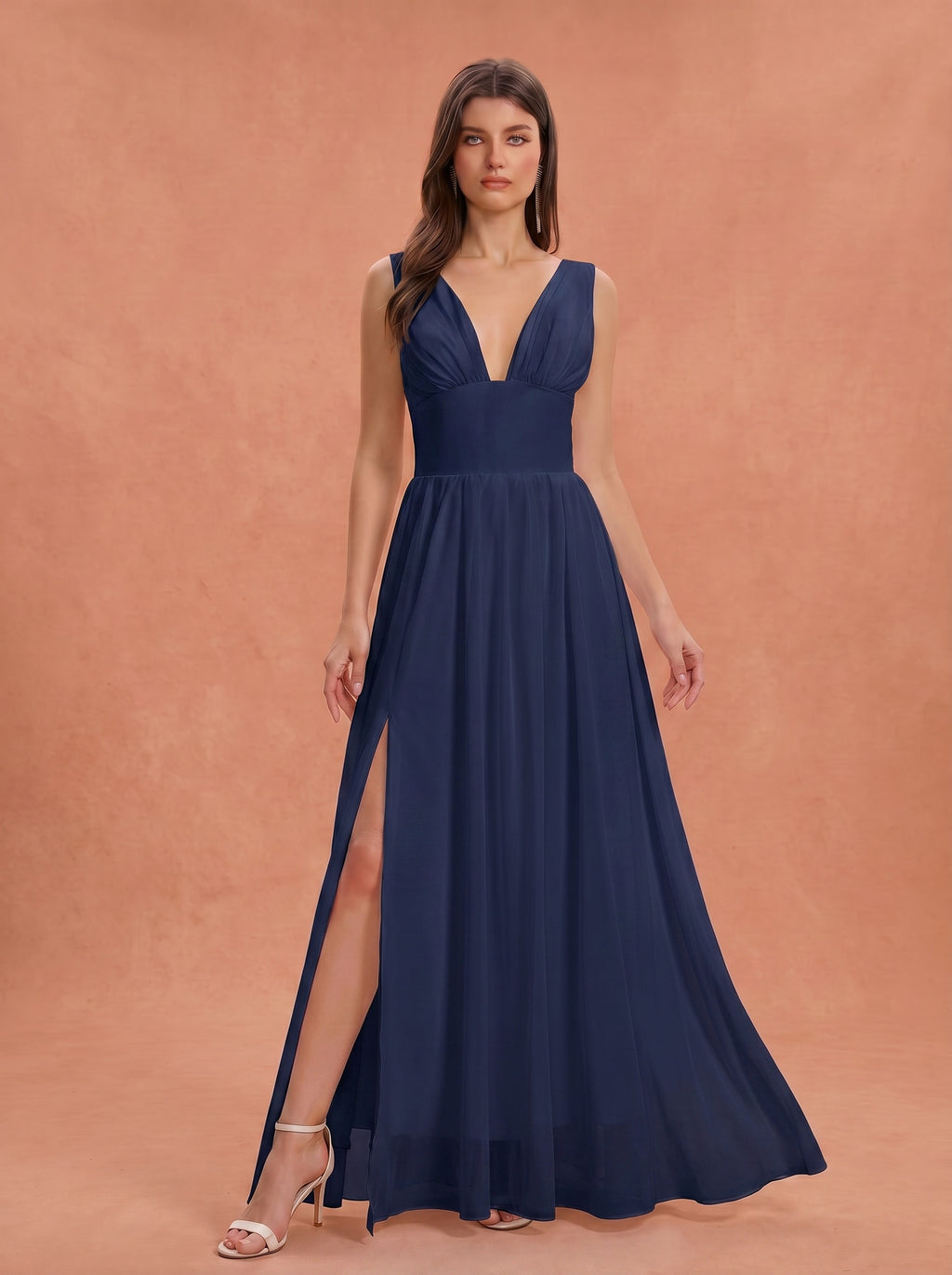 Ruched bust side slit Chiffon bridesmaid dress