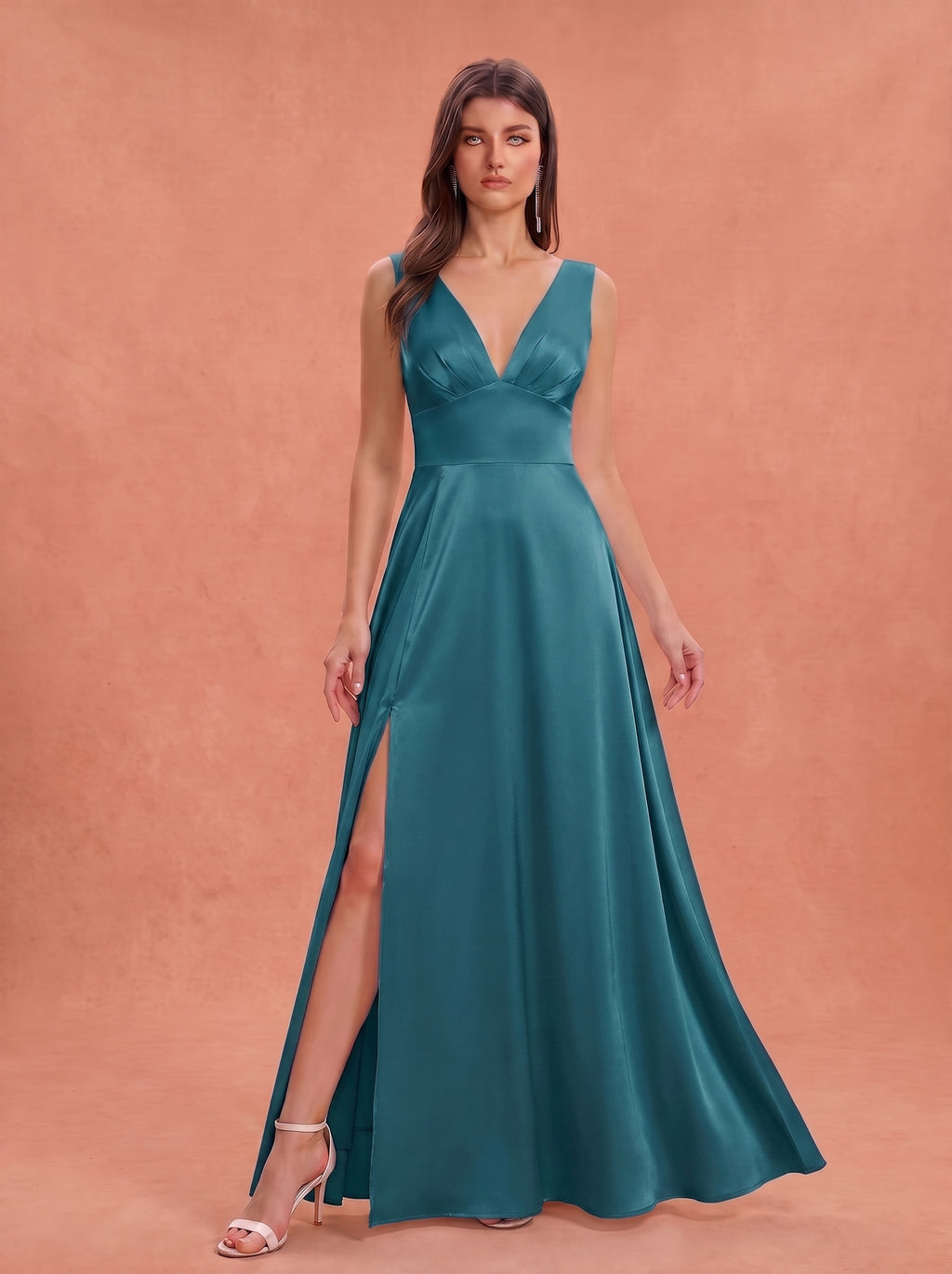 Ruched bust side slit satin bridesmaid / guest dress