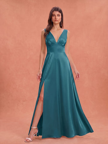 Ruched bust side slit satin bridesmaid / guest dress