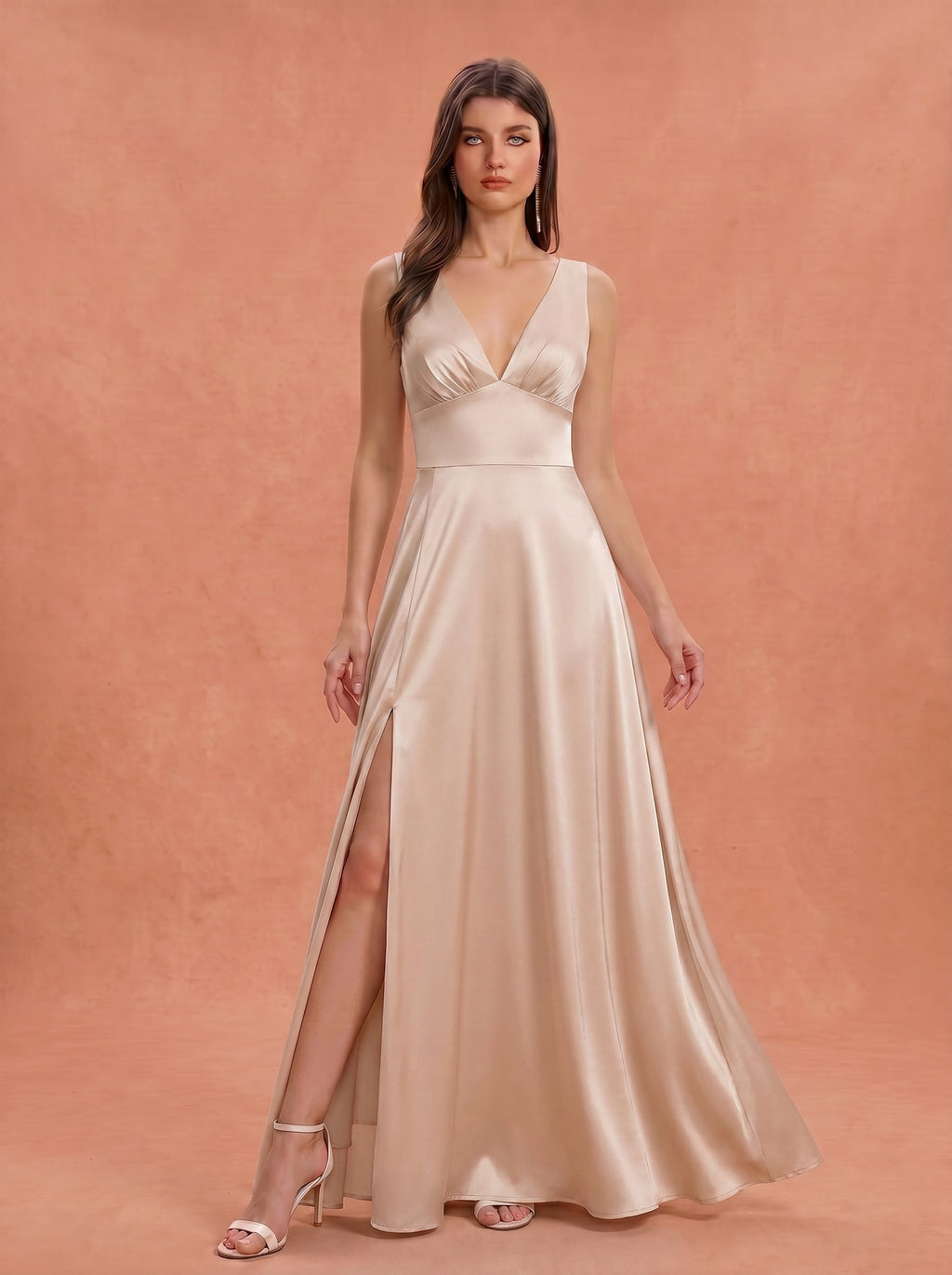 Ruched bust side slit satin bridesmaid / guest dress