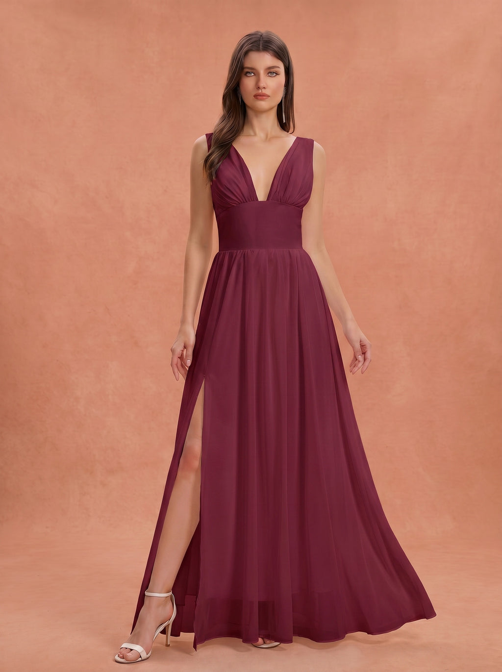 Ruched bust side slit Chiffon bridesmaid dress