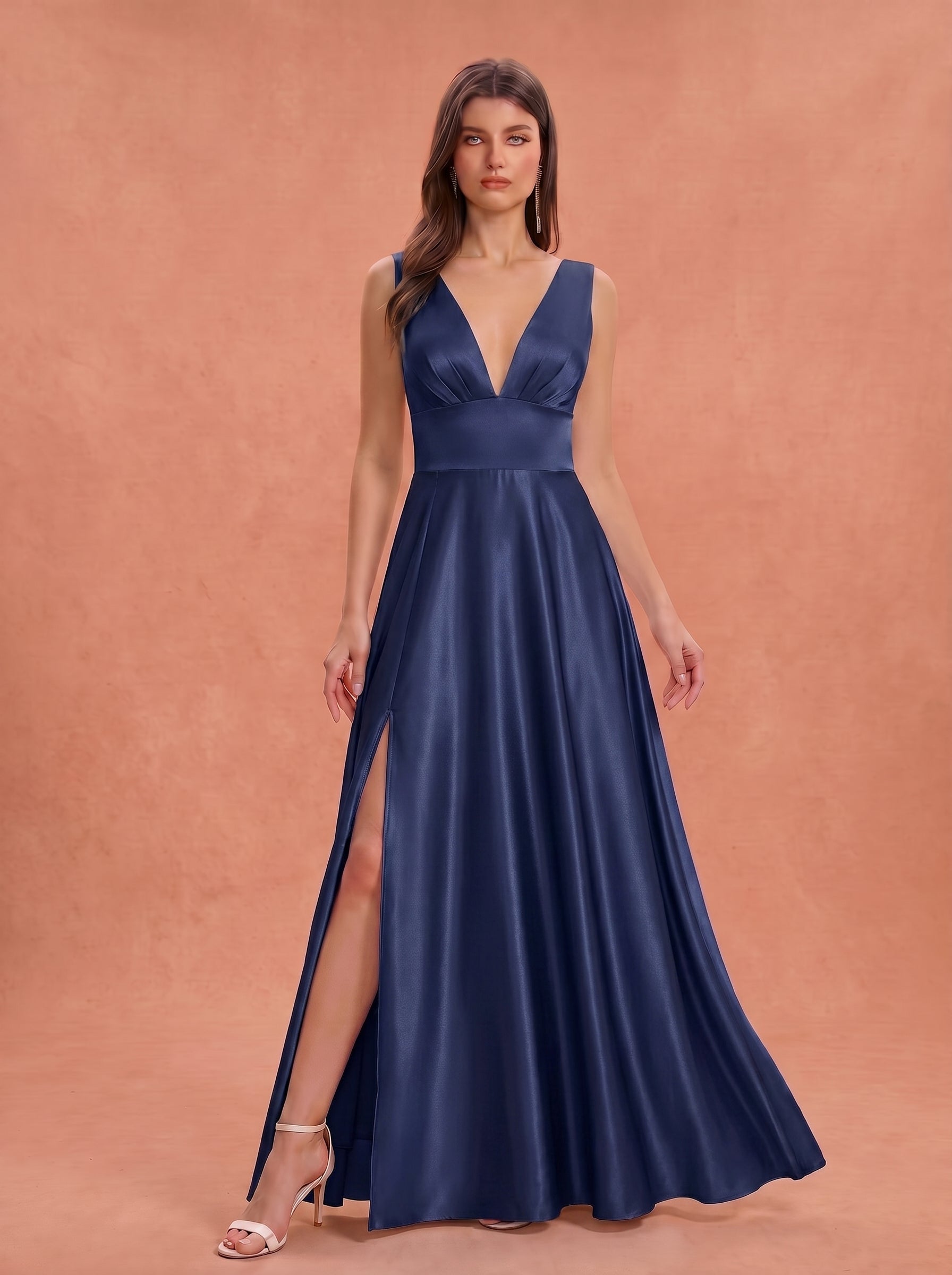 Ruched bust side slit satin bridesmaid / guest dress