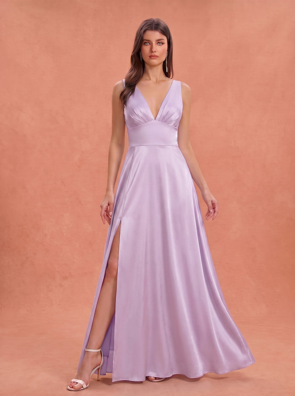 Ruched bust side slit satin bridesmaid / guest dress