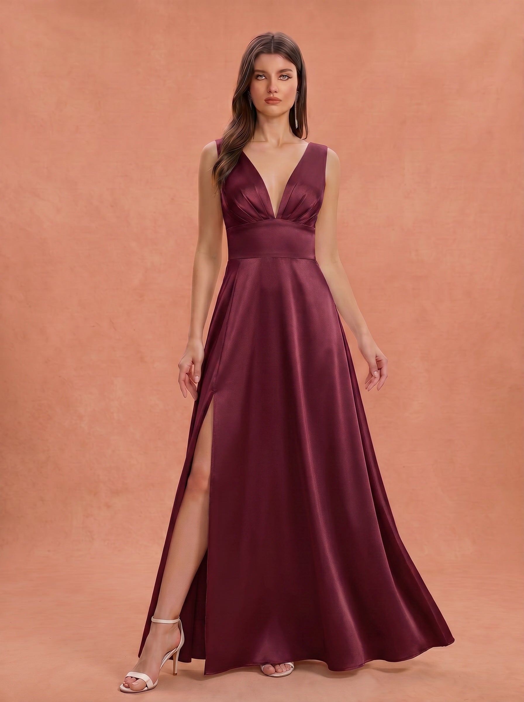 Ruched bust side slit satin bridesmaid / guest dress