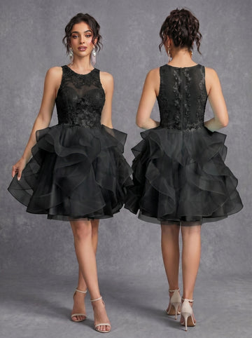 Irregular skirt layered sequins appliques tulle prom dress