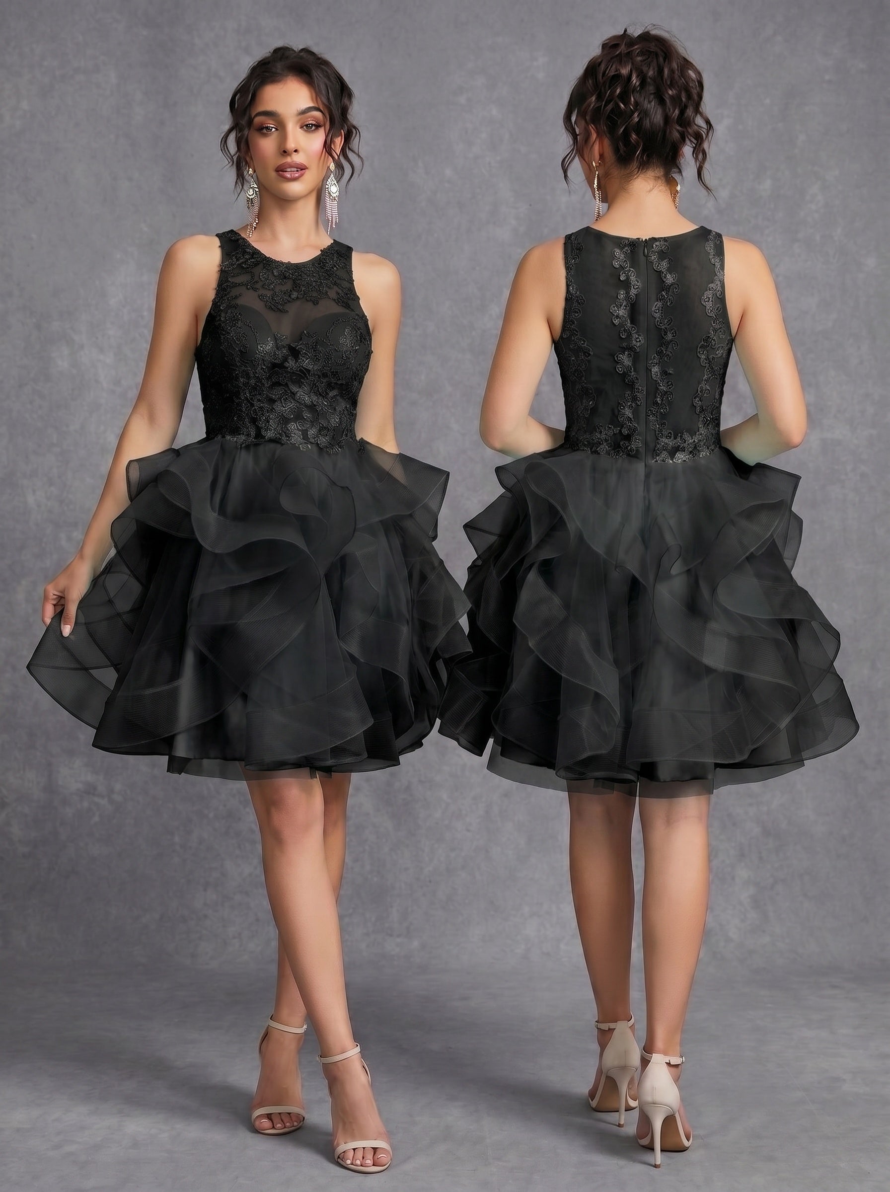 Irregular skirt layered sequins appliques tulle prom dress