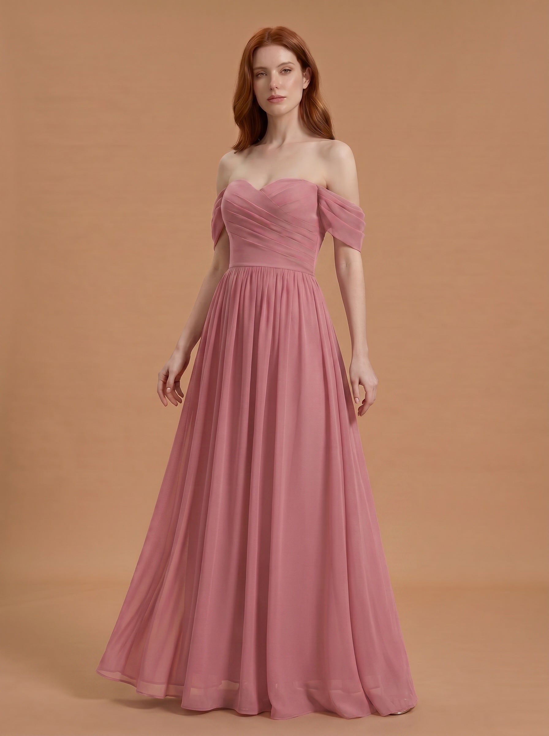 Off shoulder ruched bust Chiffon bridesmaid dress