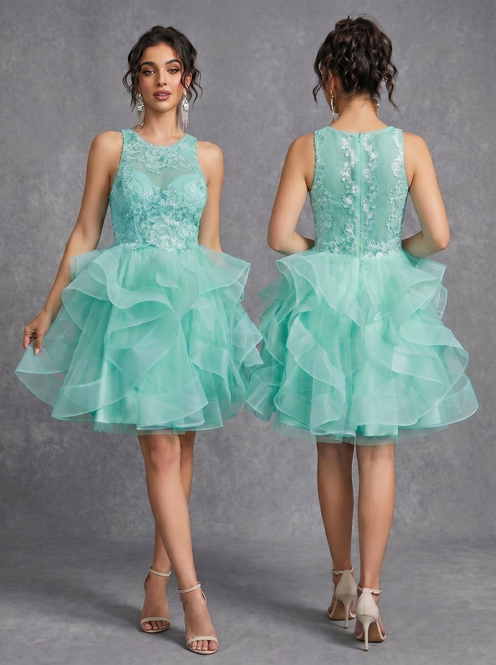 Irregular skirt layered sequins appliques tulle prom dress