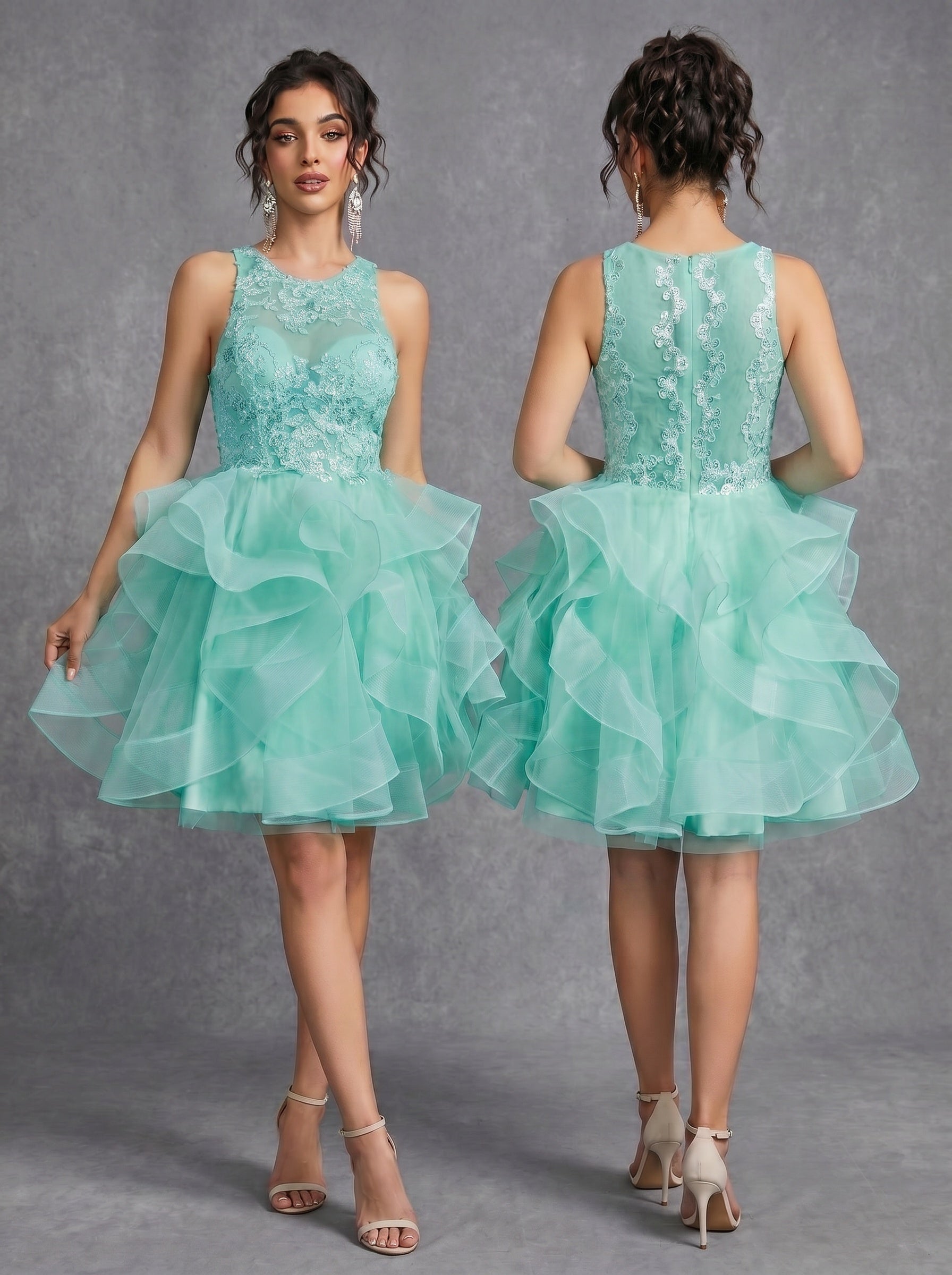 Irregular skirt layered sequins appliques tulle prom dress