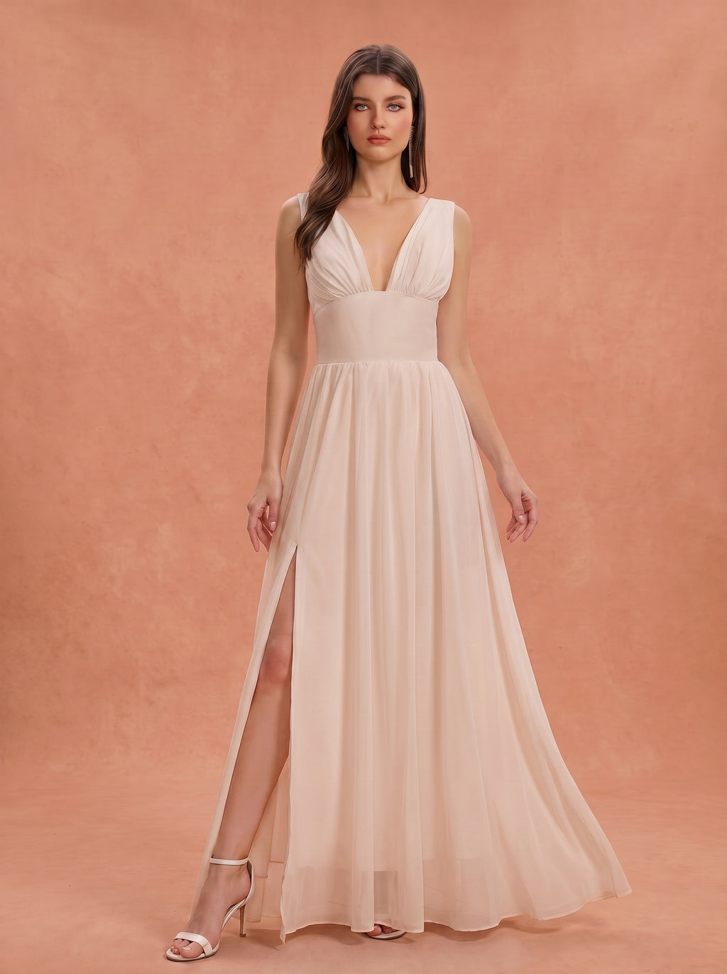 Ruched bust side slit Chiffon bridesmaid dress