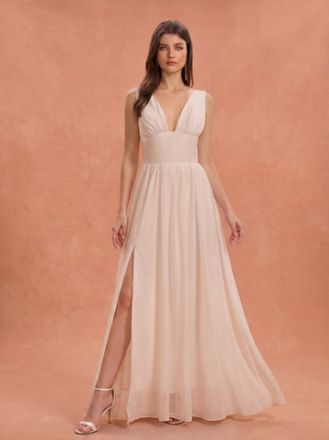 Ruched bust side slit Chiffon bridesmaid dress