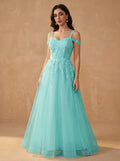 Off-shoulder appliques tulle prom dress