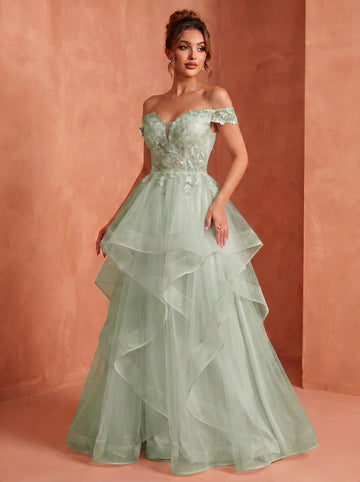 Off shoulder long prom gown