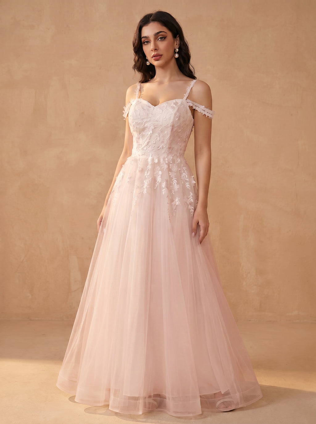 Off-shoulder appliques tulle prom dress