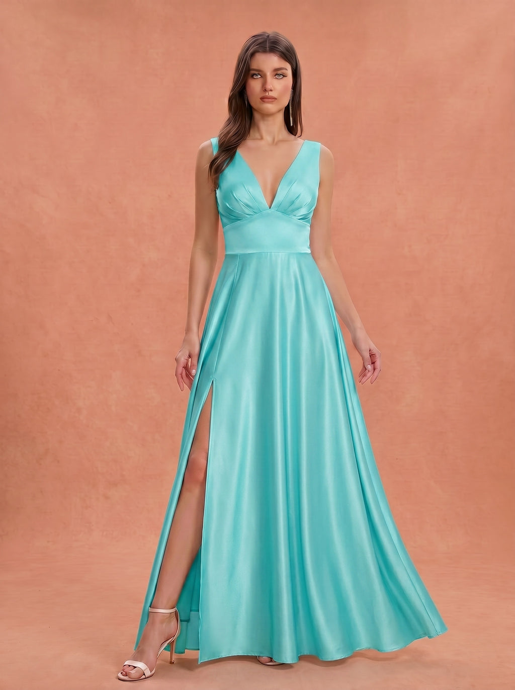 Ruched bust side slit satin bridesmaid / guest dress