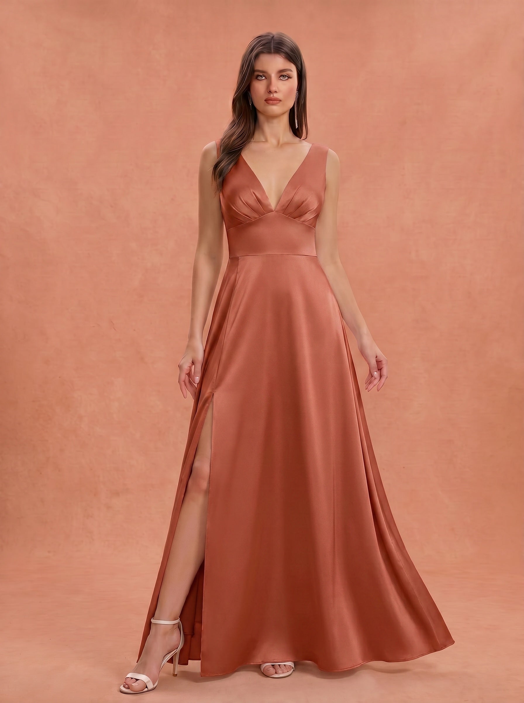Ruched bust side slit satin bridesmaid / guest dress