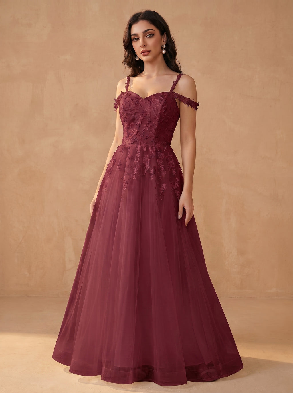 Off-shoulder appliques tulle prom dress