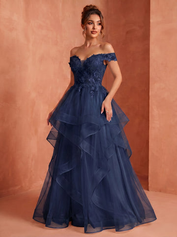 Off shoulder long prom gown