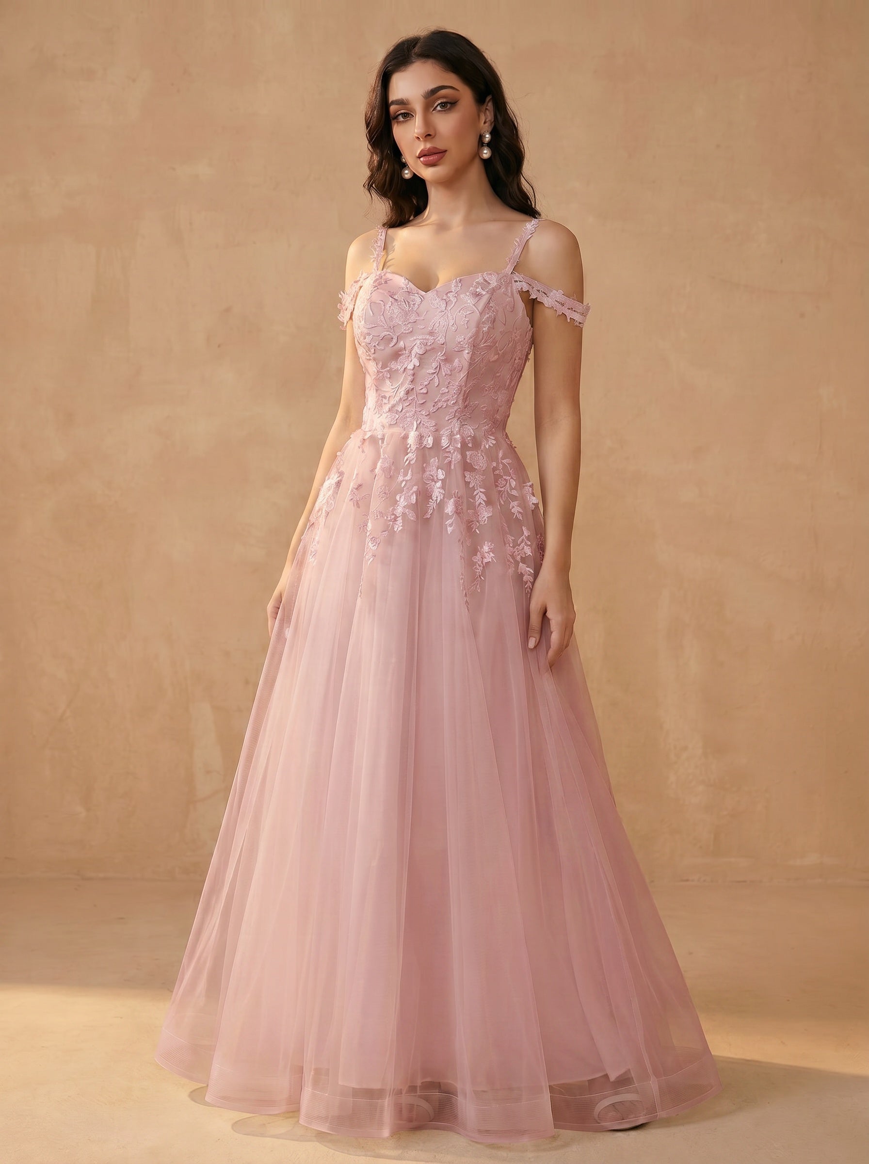 Off-shoulder appliques tulle prom dress
