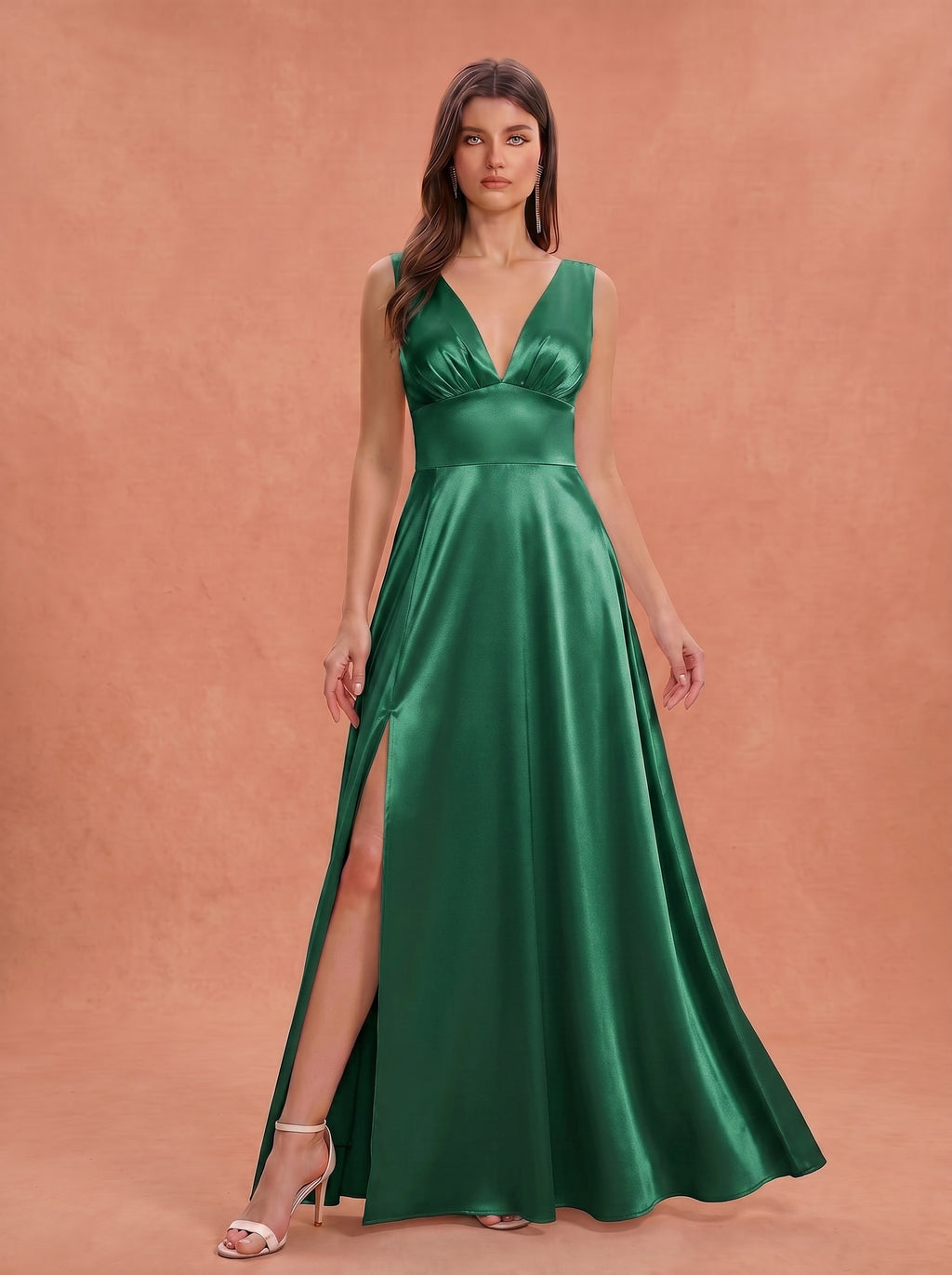 Ruched bust side slit satin bridesmaid / guest dress