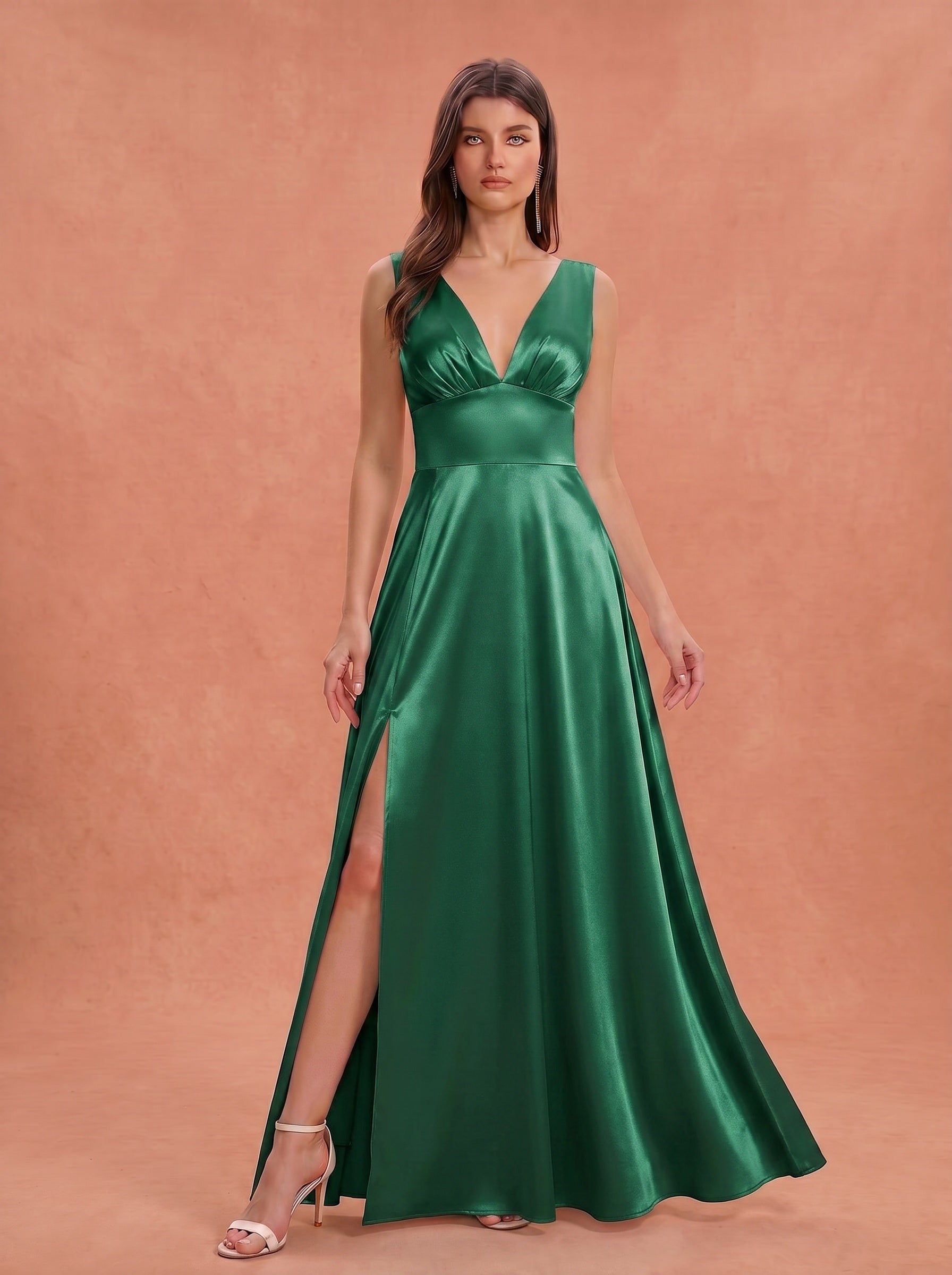 Ruched bust side slit satin bridesmaid / guest dress