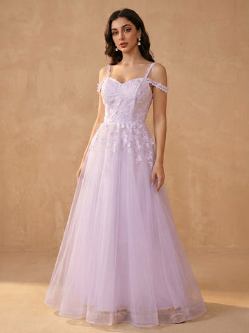 Off-shoulder appliques tulle prom dress