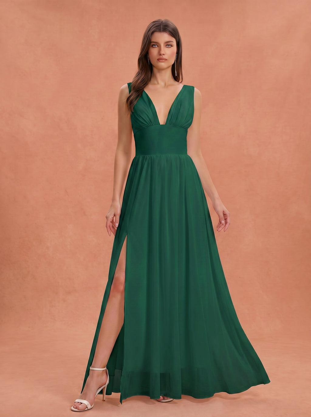 Ruched bust side slit Chiffon bridesmaid dress